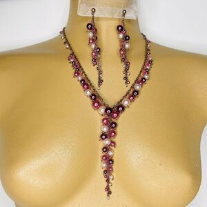 Vintage Pink Shades Necklace Earrings Faux Pearl Y-Drop Dangle Grape Cluster Set
